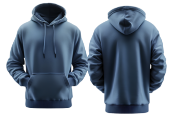 blue hoodie front and back template isolated on a transparent background, png