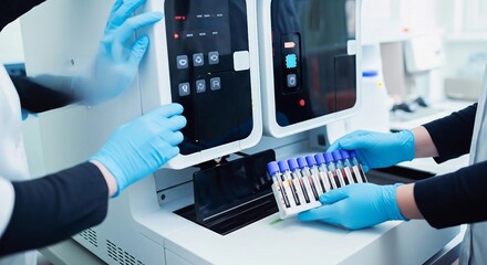 Automated Hematology Analyzer in Laboratory with Medical Professionals Processing Samples | Healthcare Technology for Diagnostics, Research, and Clinical Testing