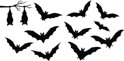 Bat silhouettes flying and hanging, nocturnal animals, Halloween theme, spooky night creatures, gothic design, wildlife, dark shapes, eerie atmosphere, horror concept