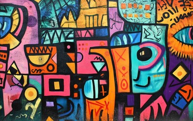 Colorful abstract painting with geometric shapes, bold lines, and an eye detail