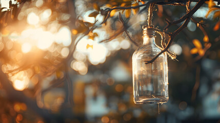 a clear glass bottle hanging