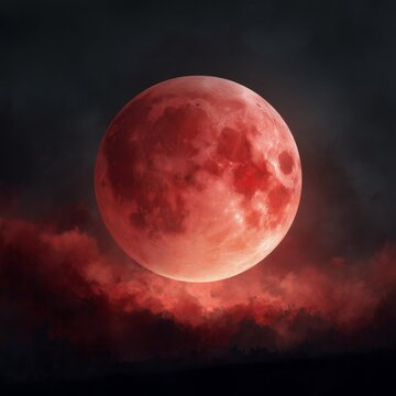 Red full moon watercolor illustration on a dark night sky background, atmospheric painting suitable for seasonal design, posters, cards, and decorative artwork