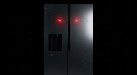 Spooky refrigerator with glowing red eyes and spiderwebs for halloween decor
