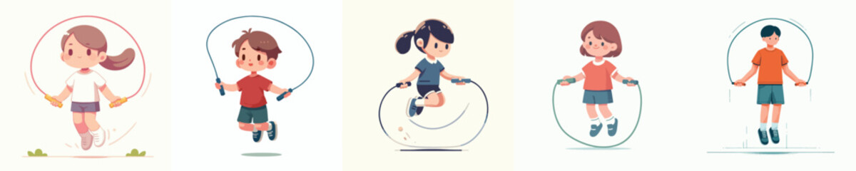 Children playing jump rope. Set of icons, vectors, and illustrations.