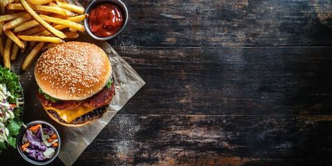 burger on wooden table fast food