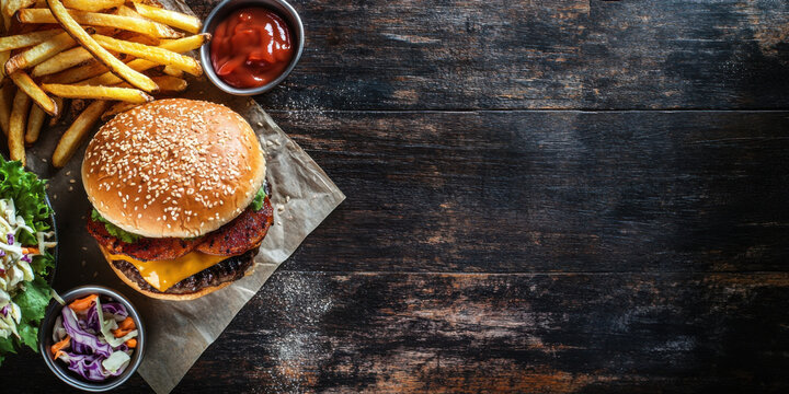 burger on wooden table fast food