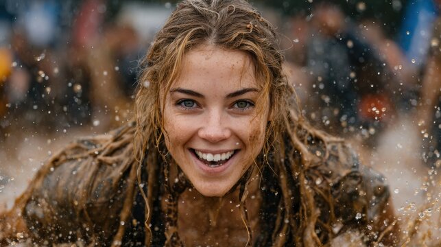 Authentic Young Woman Diving into Muddy Obstacle Race Premium Adventure Lifestyle Content for Social Media and Outdoor Challenge Marketing