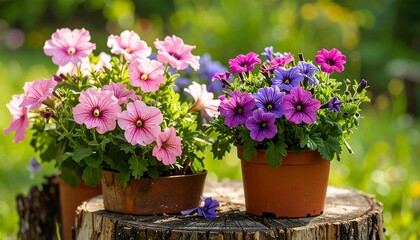 Vibrant flower display in terracotta pots