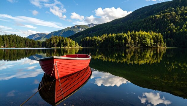 red rowboat on calm lake with forested mountains and reflections