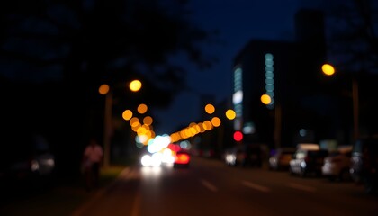 Blurred image of a city street at night, featuring car headlights and streetlights creating bokeh effects.