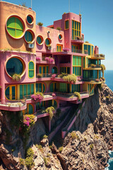 Surreal Multi-Level Terraces Overlooking Ocean with Futuristic Architecture