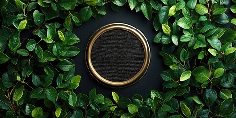 Greenery silhouettes framing sleek speaker with gold embellishments on black Stock photo