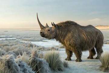 coelodonta woolly rhinoceros in Ice Age steppe, detailed fur and natural lighting