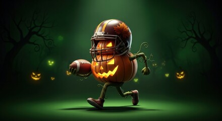 Pumpkin football player running with the ball in a spooky halloween scene