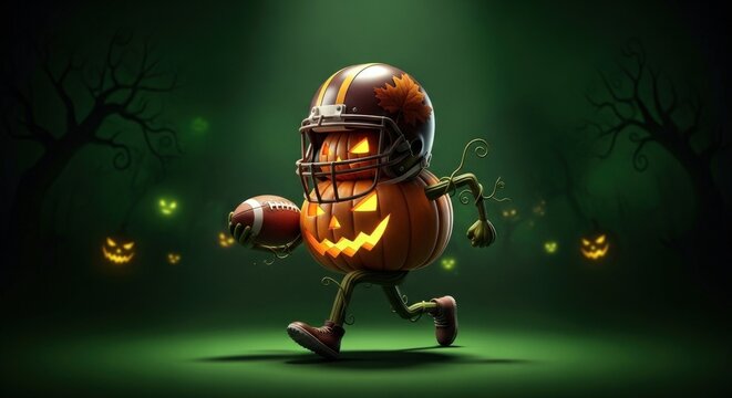 Pumpkin football player running with the ball in a spooky halloween scene