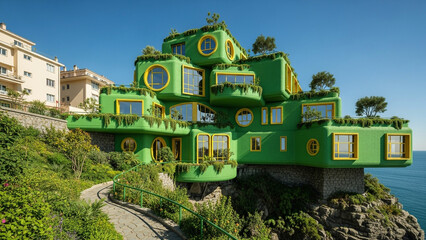 Surreal Multi-Level Terraces Overlooking Ocean with Futuristic Architecture