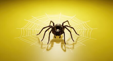 Spider with red eyes sits on a white web against a bright yellow background