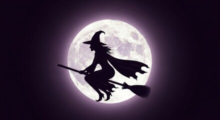 Silhouette of a witch flying on a broomstick in front of a full moon at night