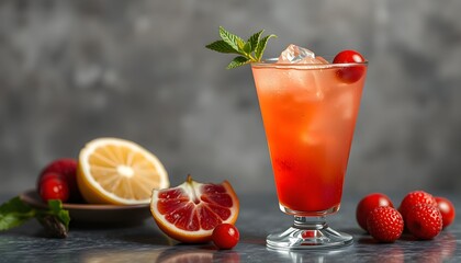 Refreshing red cocktail garnished with cherries and mint, served in a stemmed glass alongside citrus fruits.