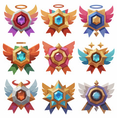 Hexagonal flower-shaped medal ICONS of different levels. The higher the level, the more complex the gemstones. Game art style, vector illustration