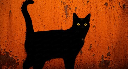 Black cat with yellow eyes standing against an orange textured background
