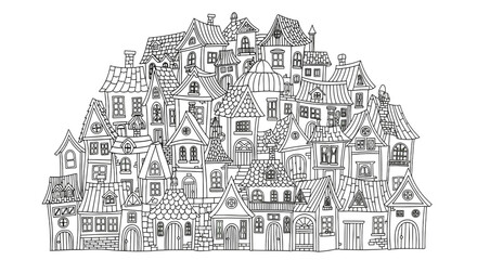 Intricate illustration of a densely packed village with numerous houses and trees creating a complex architectural landscape