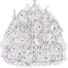 Obraz premium Intricate European Village Sketch with Numerous Houses and Steep Rooflines