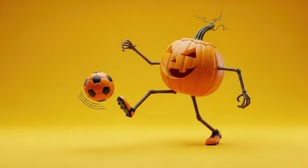 Halloween pumpkin character kicking a soccer ball on a bright orange background