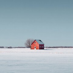 Isolated red barn in the middle of a wide snow-covered field