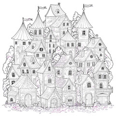 Obraz premium Enchanting Medieval Village Fantasy Architectural Drawing Detailed Buildings