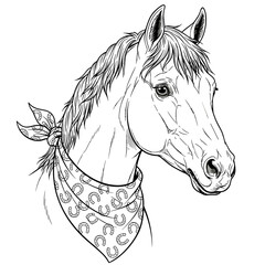 Stylized Black and White Horse Head with Bandana and Mane Accents