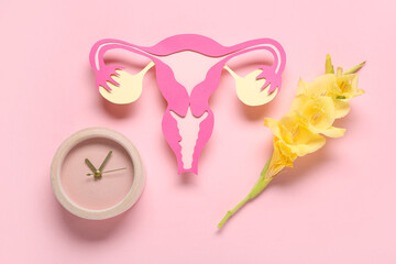Paper uterus with clock and flower on pink background. Gynecology concept