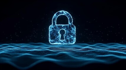 A glowing digital padlock hovers above a flowing wave of binary data, symbolizing cybersecurity and data protection. - Powered by Adobe