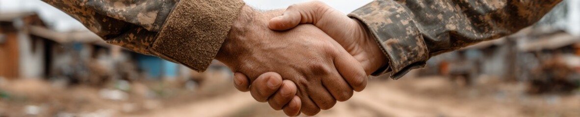 Fototapeta premium Professional Military and Civilian Handshake Symbolizing National Unity and Government Partnership Authentic Corporate Collaboration for Marketing and Social Media