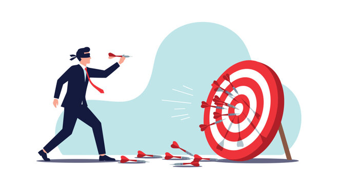 Blindfolded businessman misses target with darts, symbolizing business failure and poor strategy