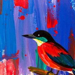 Vibrant Abstract Painting of a Colorful Bird Perched on a Branch.