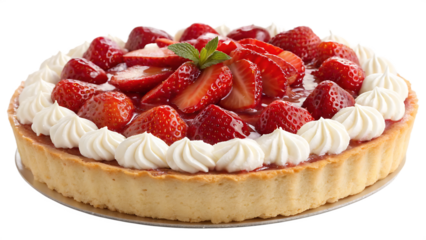 Delicious strawberry tart with cream isolated on transparent background, a sweet and fresh dessert for holidays and celebrations