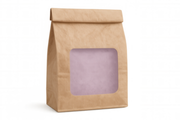 Recyclable brown paper bag standing up with transparent window showing purple content on a transparent background