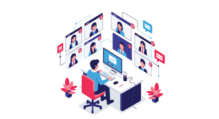 Professional team connects virtually in a modern remote work meeting, boosting collaboration and efficiency