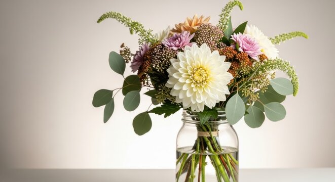 A beautiful arrangement of colorful dahlias and greenery in a clear glass jar