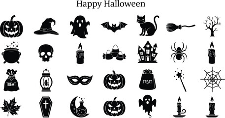 Naklejka premium Happy halloween icons, set of spooky silhouettes for holiday decoration and party design elements