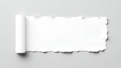 Abstract torn paper composition &ndash; bright white paper piece with uneven ripped edges and fibrous strands exposed, rough texture enhancing depth and realism