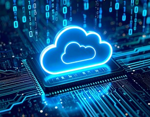 Glowing cloud icon on a circuit board, binary code falling
