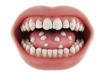 3d illustration of closeup of a human mouth with many white spots on the tongue and teeth, isolated on white background