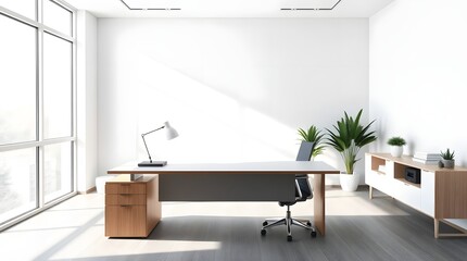 Modern Clean Workspace with White Walls, Natural Light, and Indoor Plants &ndash; Suitable for Branding, Marketing, and Graphic Design