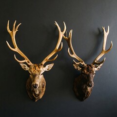 Two Majestic Deer Heads Mounted on a Dark Wall.