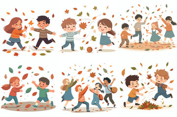 Children playing with leaves in autumn. Set of icons, vectors, and illustrations