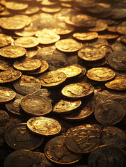 many different gold coins on a dark background