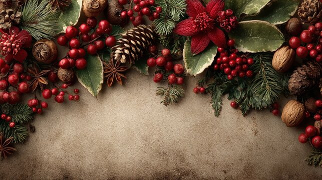 Festive Autumnal Gathering: A beautiful holiday arrangement of seasonal elements, berries, and pinecones on a rustic antique backdrop, perfect for festive designs and invitations. Generative Ai