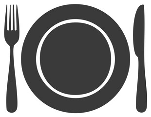 Stylized dinner setting with dark grey plate fork and knife icon graphic design element